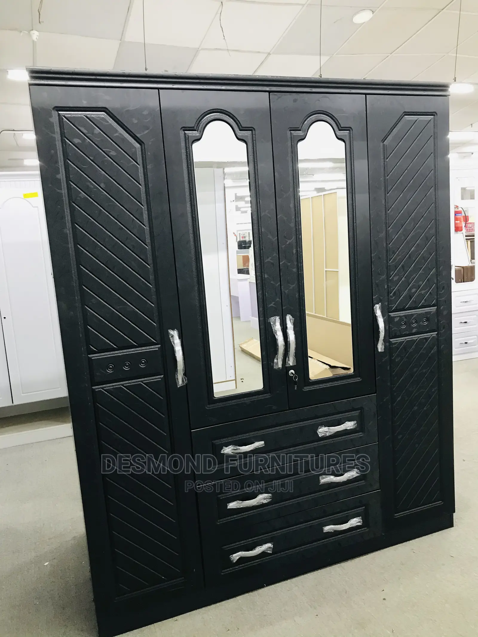 Four Doors Wardrobe With a Mirror Black
