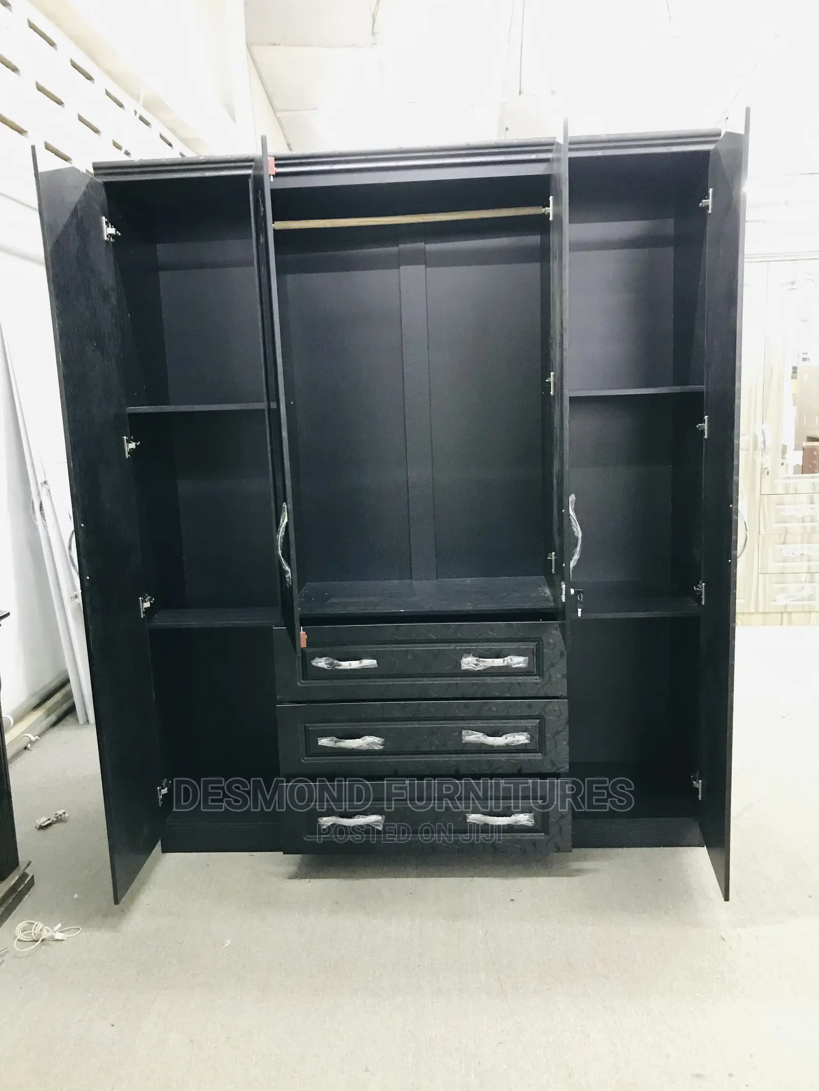 Four Doors Wardrobe With a Mirror Black