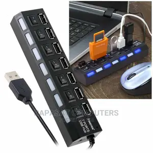 7-Port USB 2.0 Black Hub With High Speed Adapter ON/OFF Swit