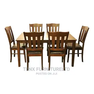 Dining Set 6 Seater Dark Brown Seat Upholstery Leather