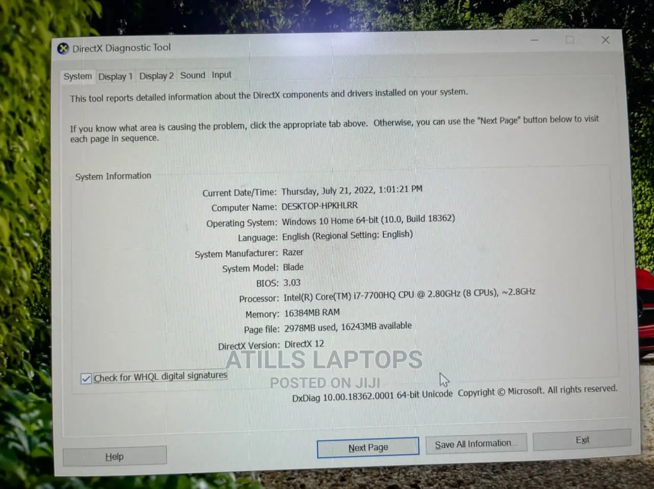 Laptop Razer Blade 16GB Intel Core I7 SSD 1T