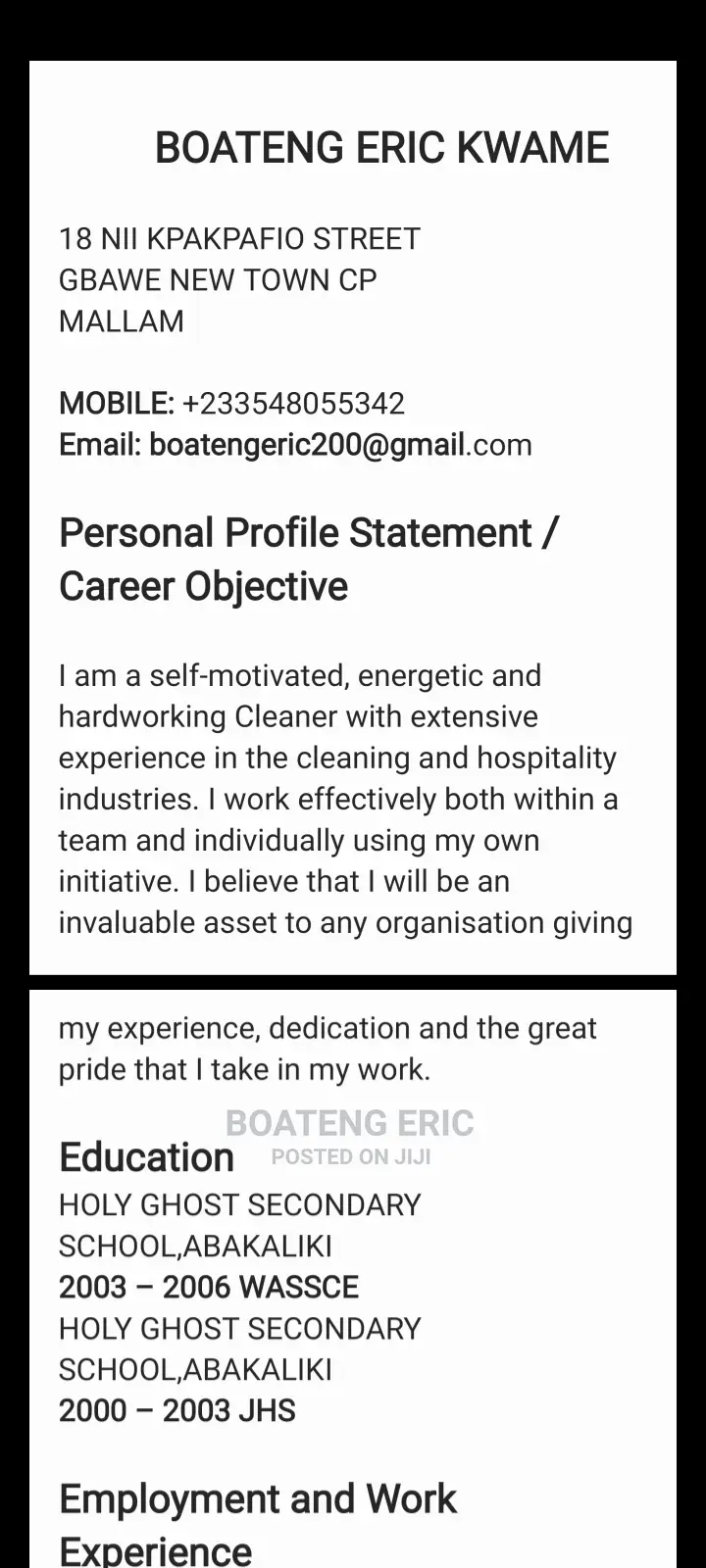 Housekeeping Cleaning CV