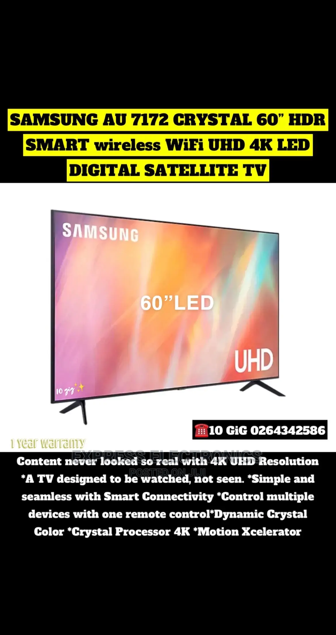 Samsung Au 7172 Crystal 60’’ Hdr Smart Wireless Wi-Fi Uhd