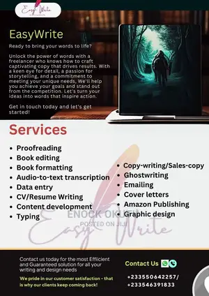 Book Editing, Proofreading, Graphic Designing, Copy Writing