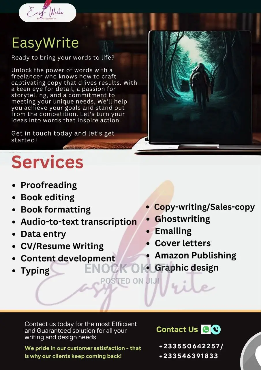 Book Editing, Proofreading, Graphic Designing, Copy Writing