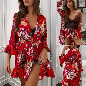 3pcs Satin Silk Women Sexy Pajamas Set, Lingerie