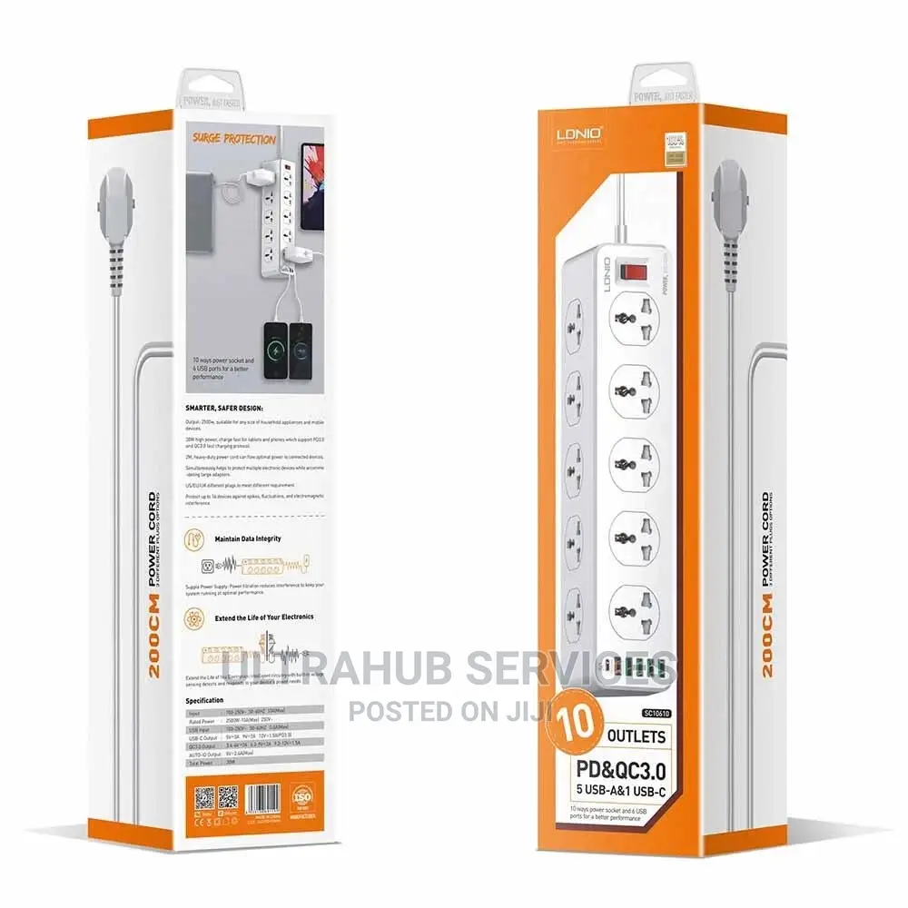 LDNIO Power Strip With 10 Sockets 30W 6-Port USB Charger
