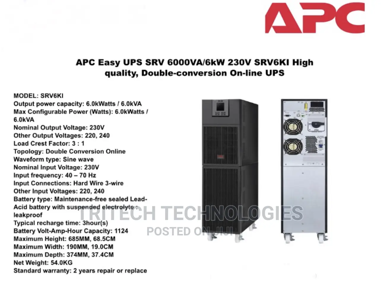 APC Smart UPS Online 6kva/6kw, Tower, 230V