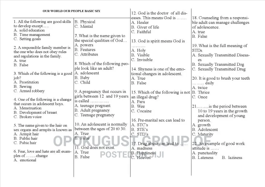 Examination Questions for Basic Schools