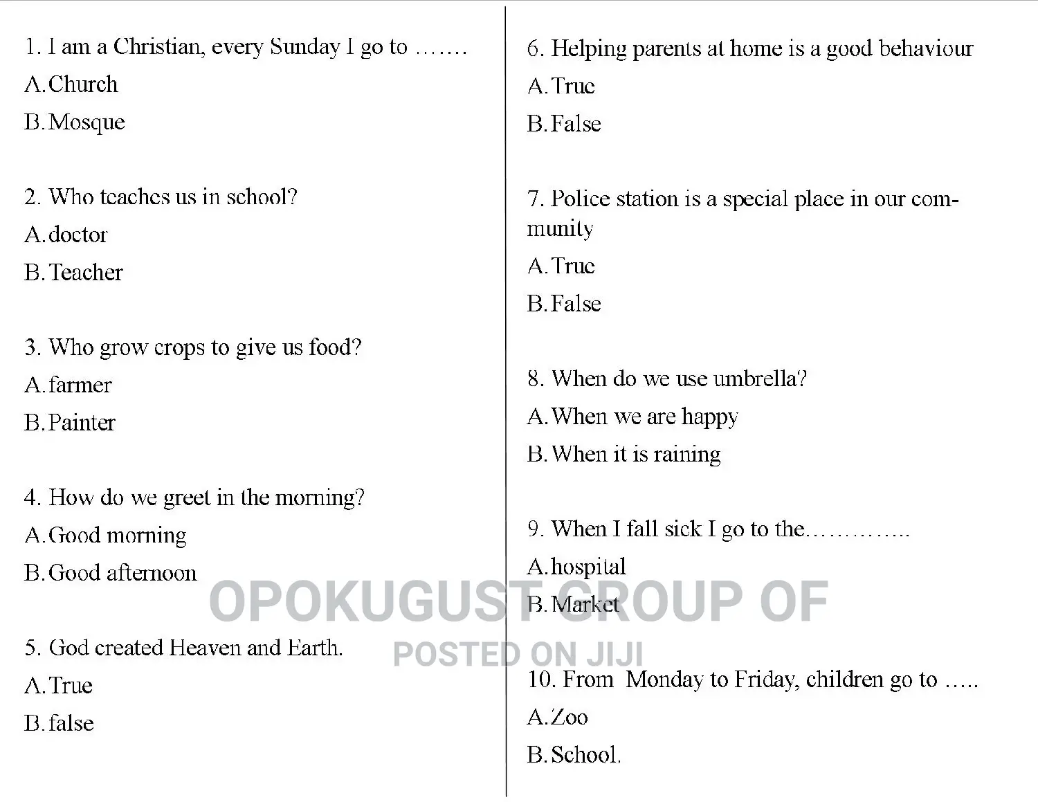 Examination Questions for Basic Schools