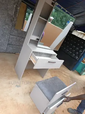 Gray Colored Dressing Mirror With Chair and Storage