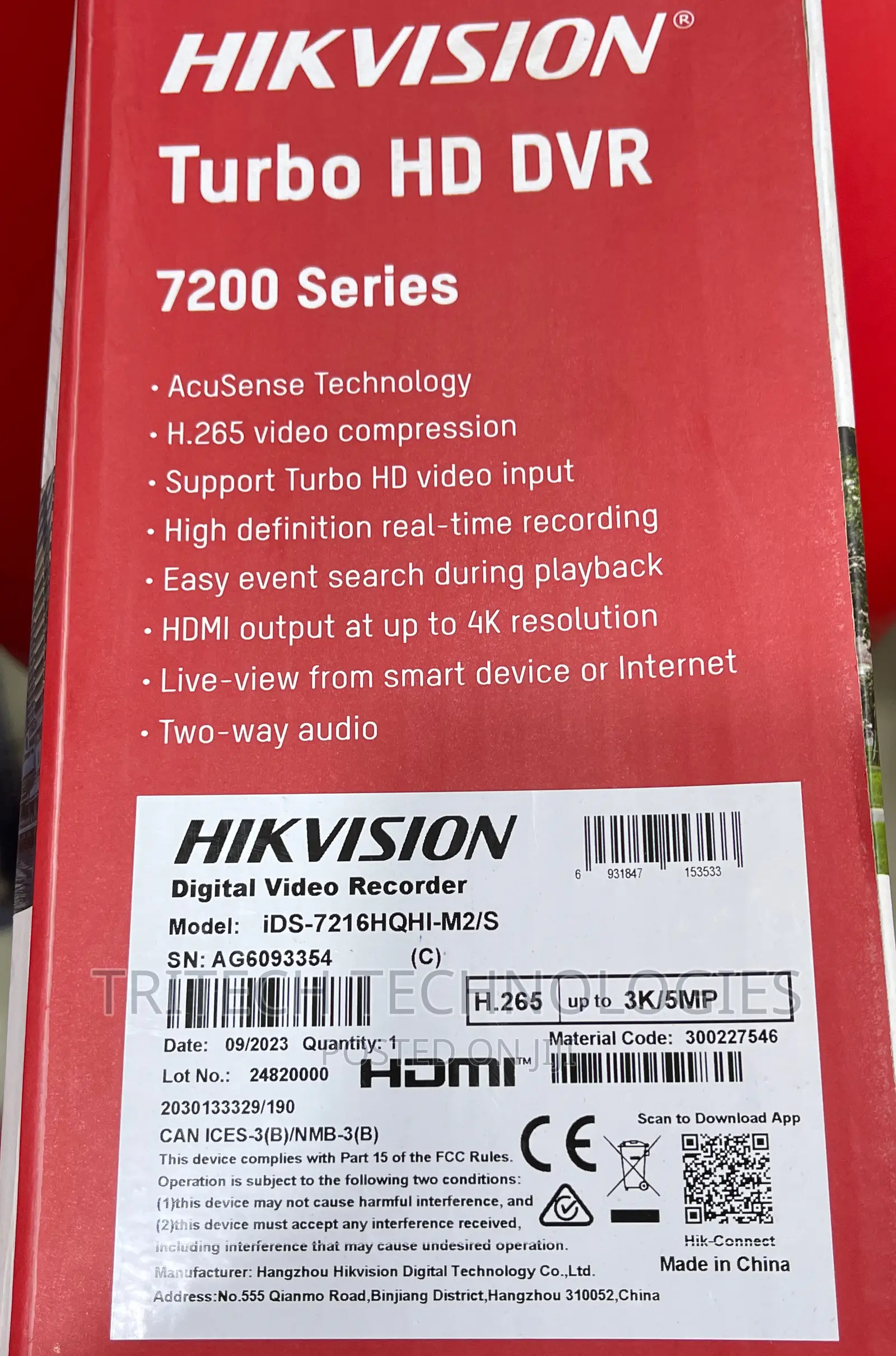 Hikvision 16ch DVR Acusense3k/5mp 2hddslot Ids-7216hqhi-M2/S