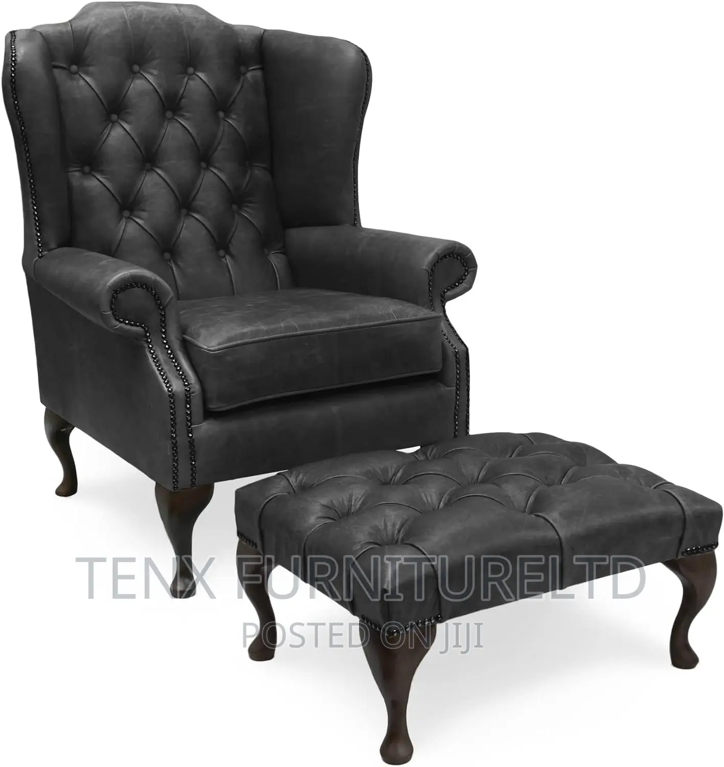 Chesterfield High Back Leather Wing Chair With Footstall