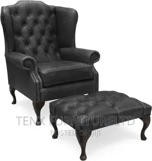 Chesterfield High Back Leather Wing Chair With Footstall