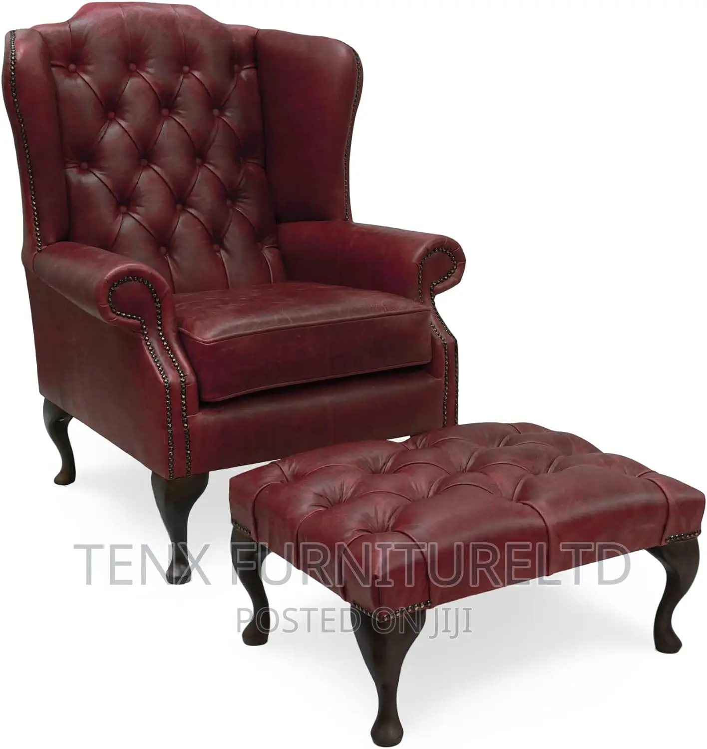 Chesterfield Vintage Leather Chair With Footrest (RED)