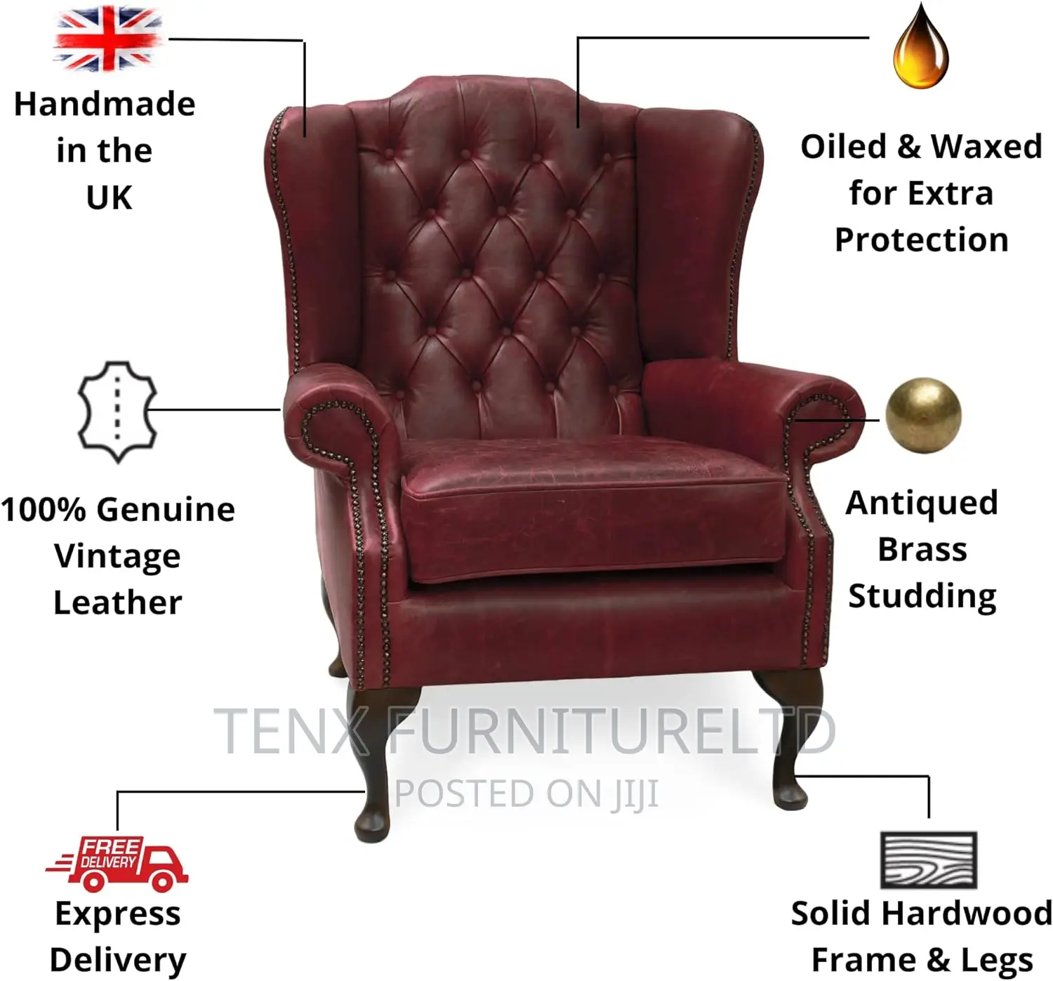 Chesterfield Vintage Leather Chair With Footrest (RED)