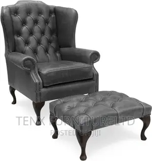 Chesterfield Leather Chair With Matching Footrest (Gray)
