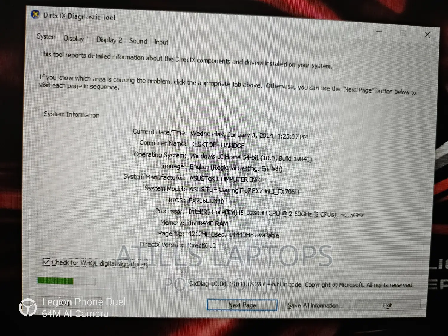 Laptop Asus TUF Gaming A15 16GB Intel Core I5 SSHD+SSD 1.5T