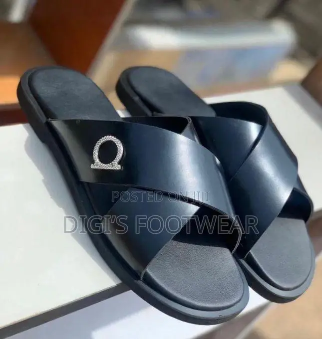 Black Crossed Leather Slipper With Silver Crown