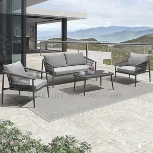 Garden Sofa Set String Seats Black Metal Frame Glass Table