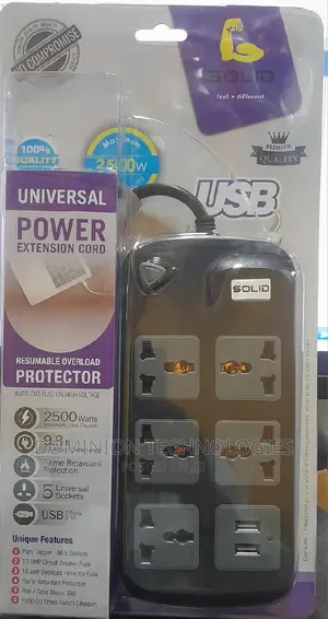 Solid Extension 5socket 2usb 2500w Flame Protector 3m Length