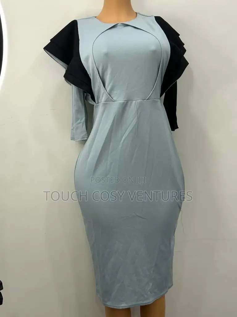 Elegant Bluish Ash and Black Design Fitting Dress
