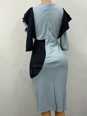 Elegant Bluish Ash and Black Design Fitting Dress