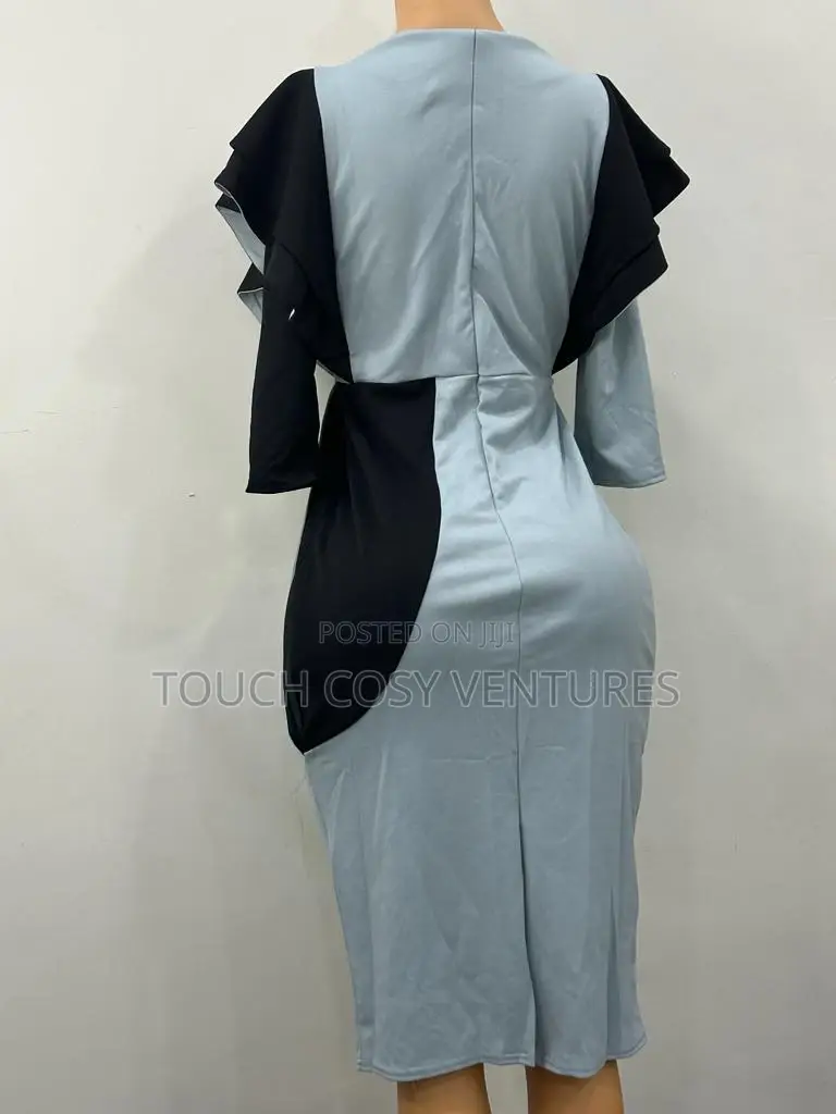 Elegant Bluish Ash and Black Design Fitting Dress