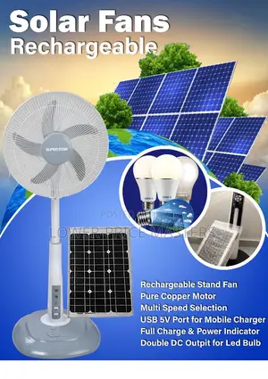 Solar Rechargeable Fan , Usb Ports, Extra Bulbs