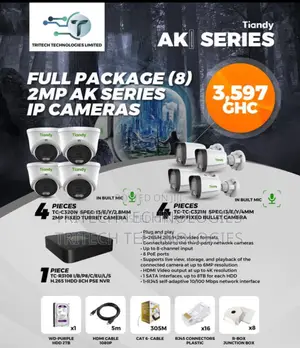 Tiandy 2mp 8ch IP Camera KIT Full Package + 1tb HDD