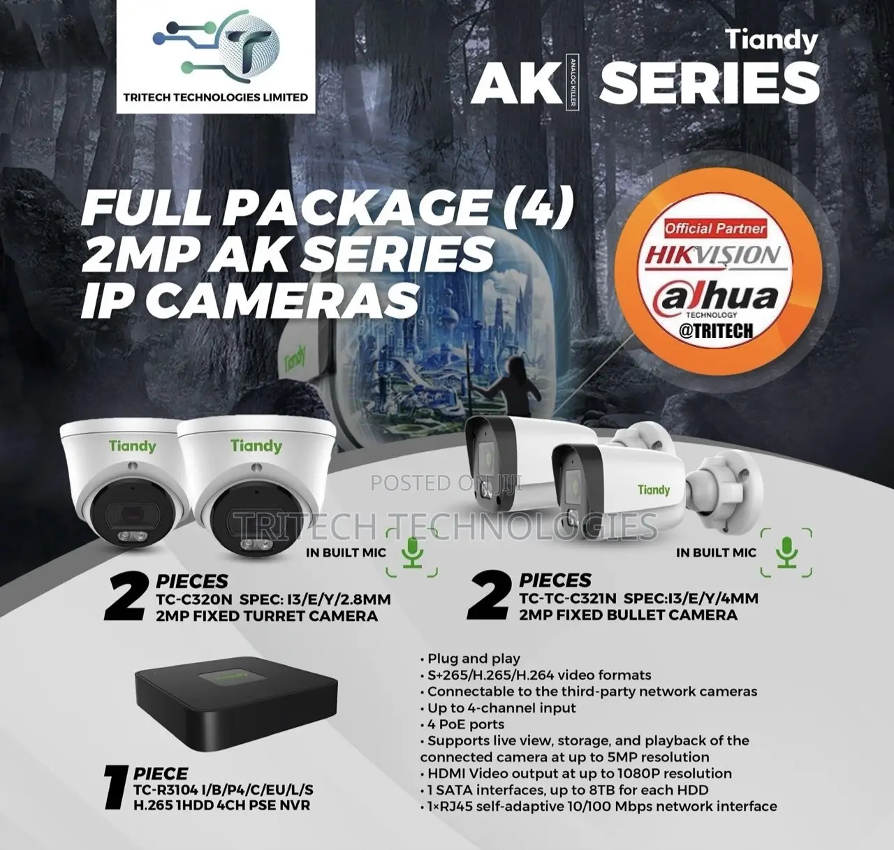 Tiandy 2mp 4ch IP Camera KIT Full Package + 1tb HDD