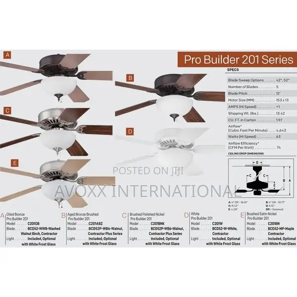 Craftmade C201 Pro Builder 52" 5 Blade Ceiling Fan
