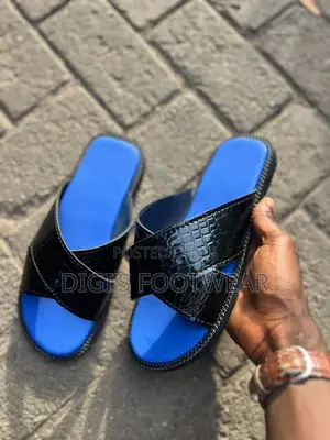 Black Croc Leather Slippers With Blue Inner