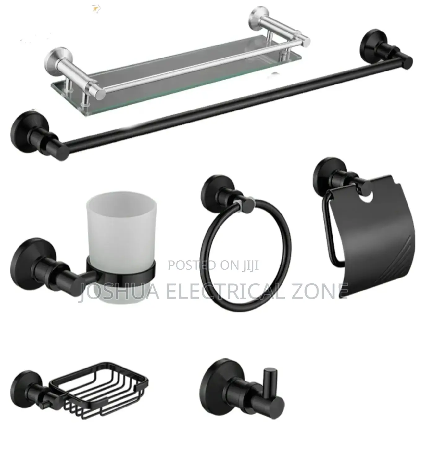 Bathroom Accessories 7 Set In Box Colour: Silver And Black