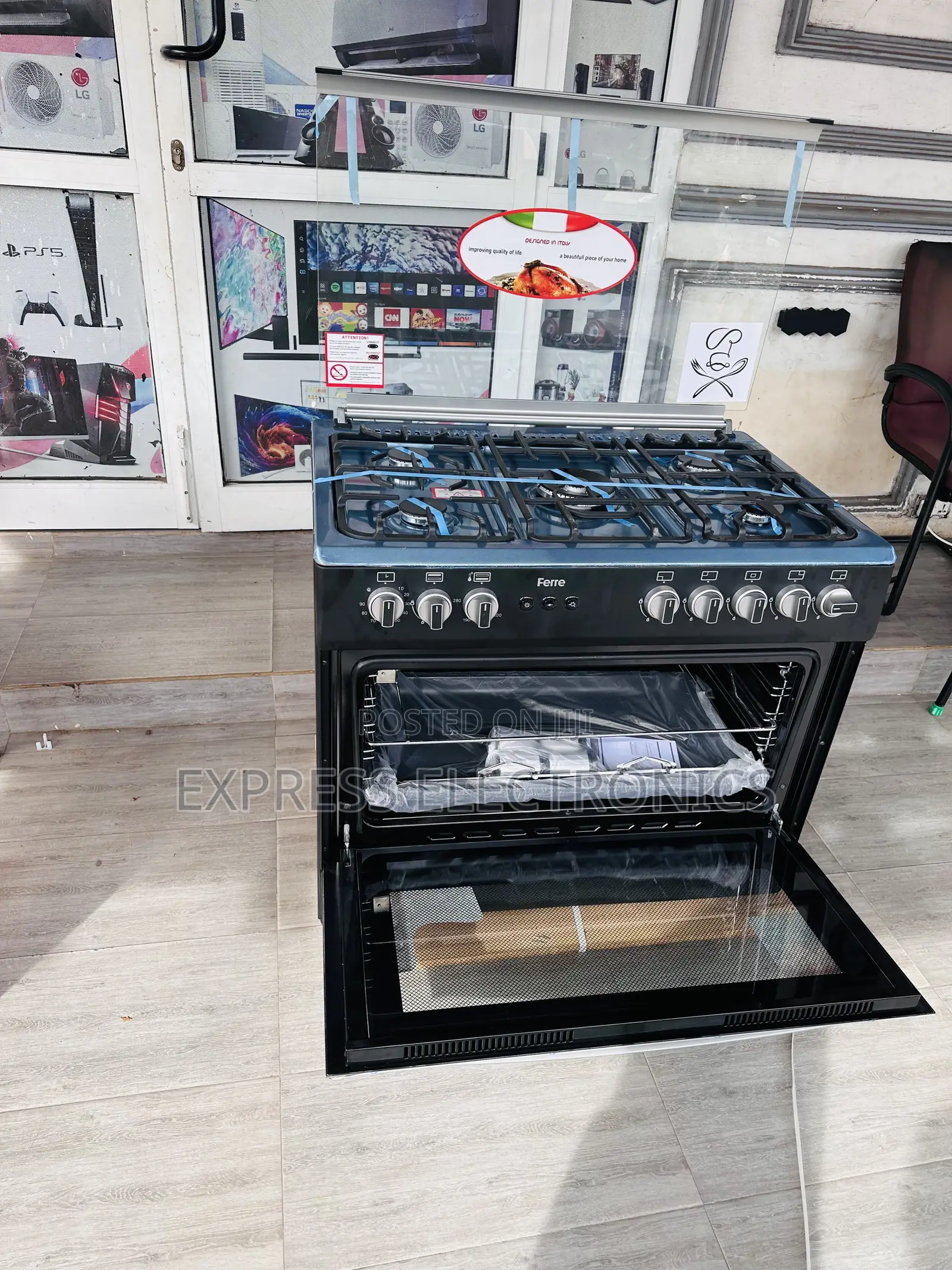 5burner Gas Cooker Oven 60/90 Black Stove Rotisserie.