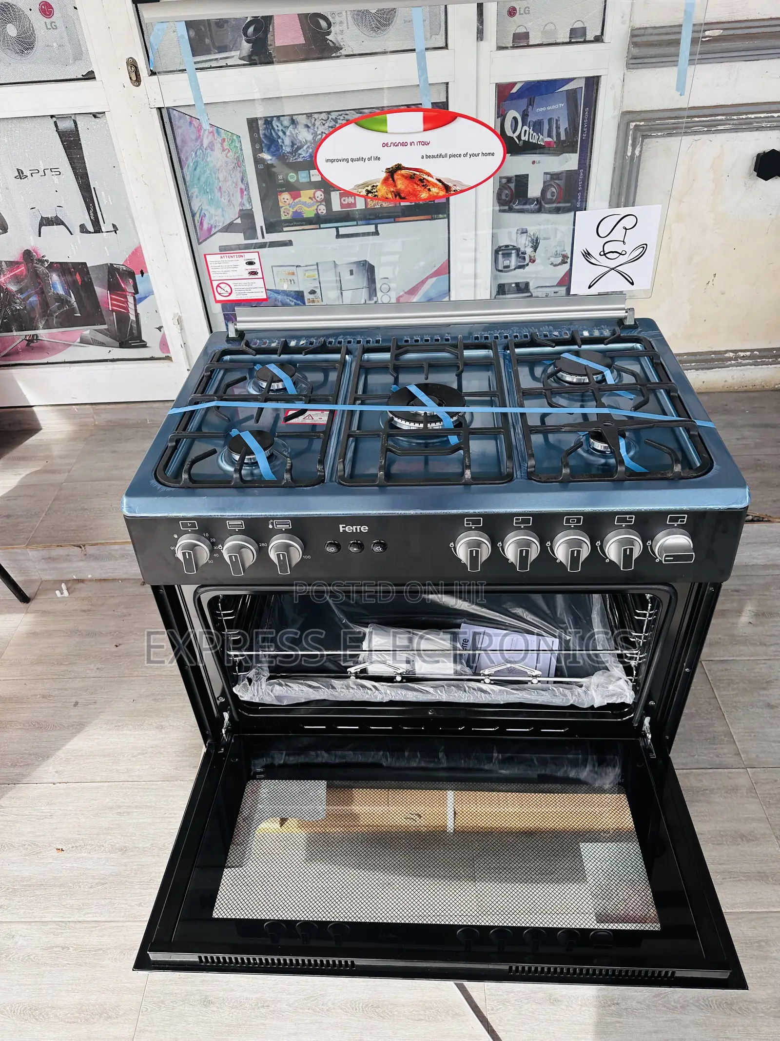 Sleek Black Ferre 60/90 5burner Gas Cooker Oven Grill.