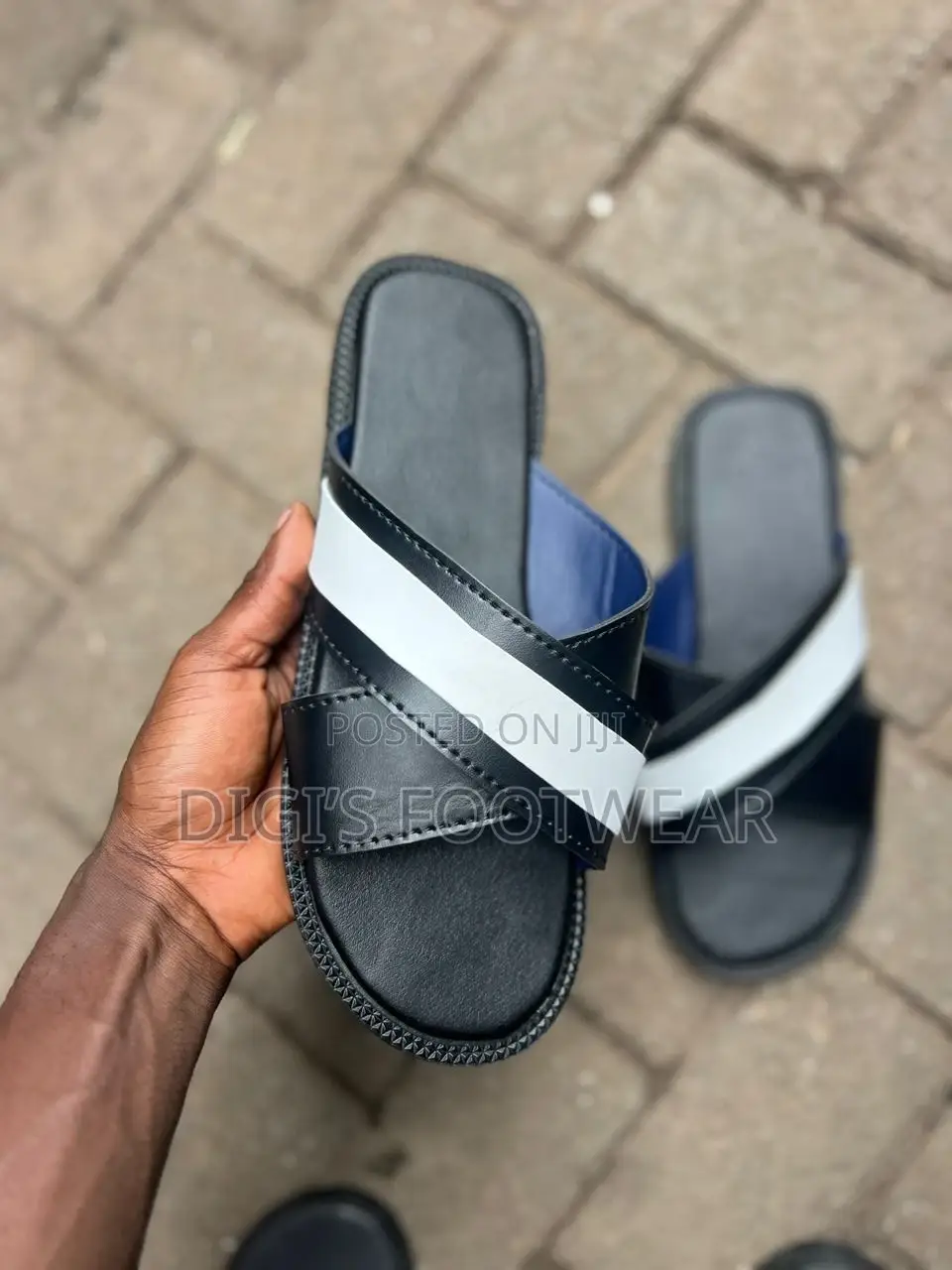 Black Leather With White Layer Slippers