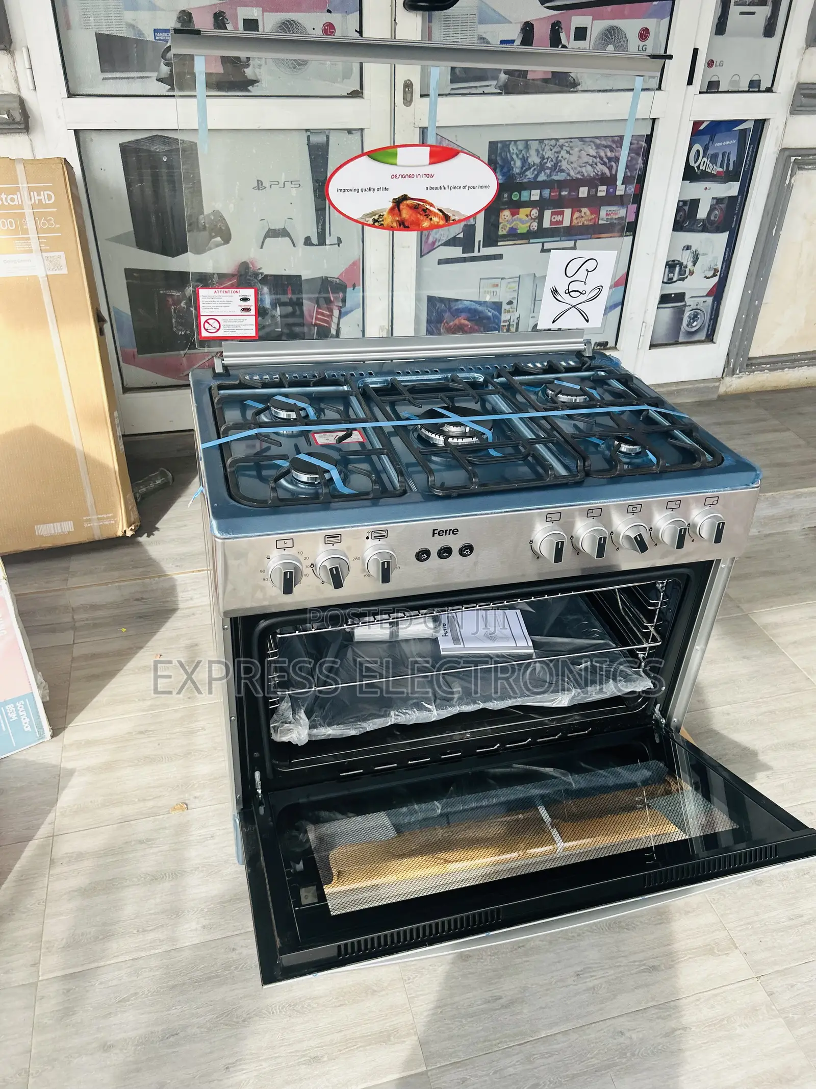 High Quality Grey 5burner Gas Cooker Oven 60/90 Rotisserie