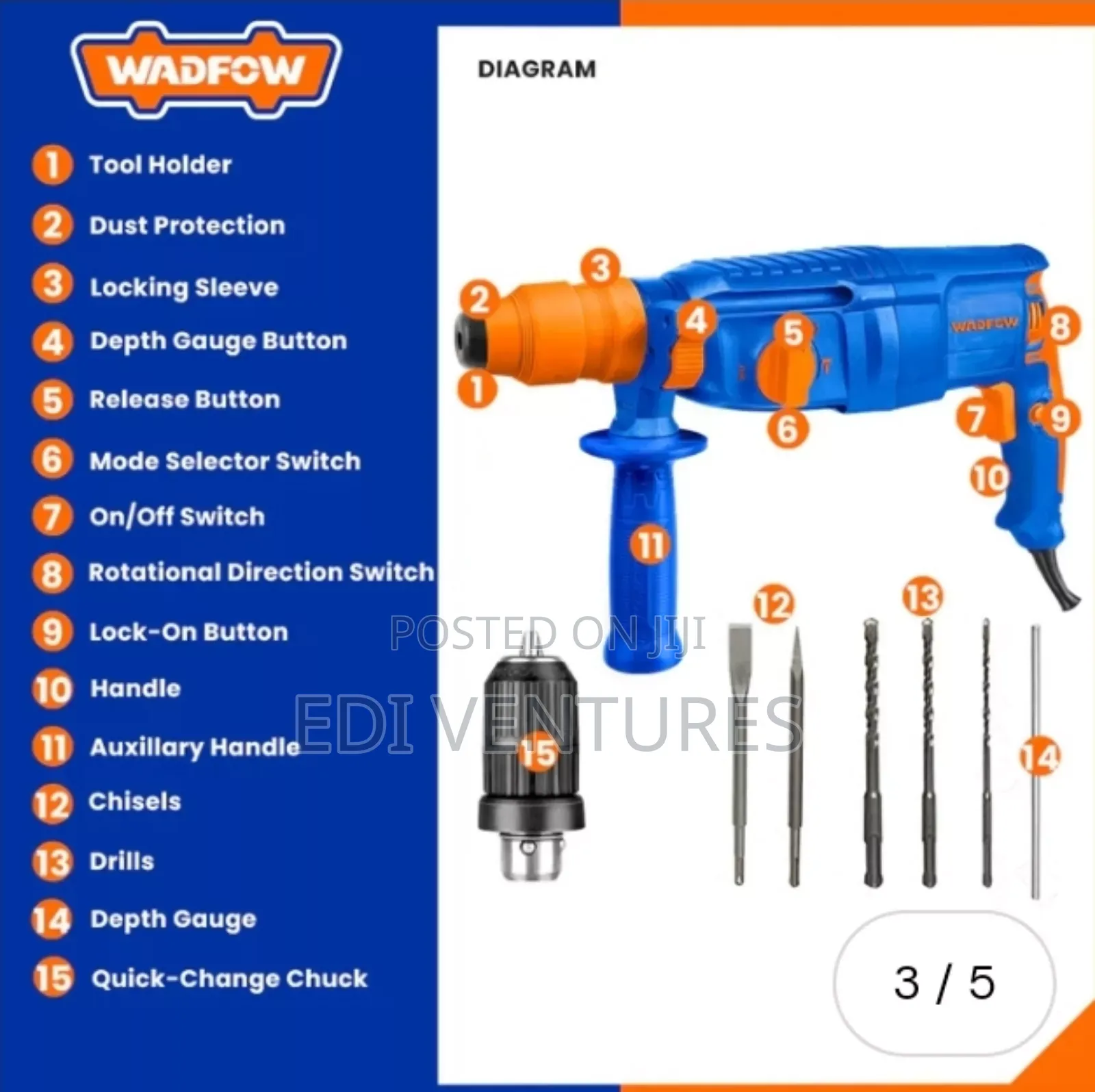 Wadfow 800W Rotary Hammer - Two Chucks Wrh1d26-2