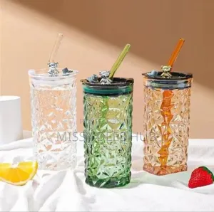 Cute Bear Glass Cup With Lid + Straw - 400ml