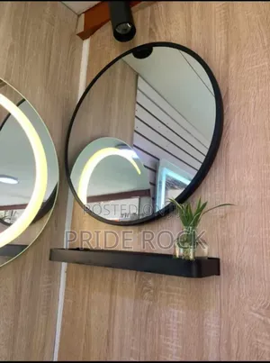 Black Round Mirror With Metal Shelf