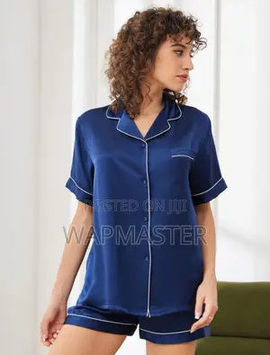 (Dark Blue) 2pcs PJ Set: 100% Pure SILK Short Sleeve + Short