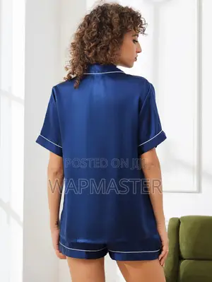 (Dark Blue) 2pcs PJ Set: 100% Pure SILK Short Sleeve + Short