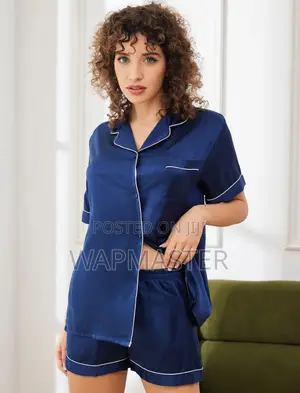 (Dark Blue) 2pcs PJ Set: 100% Pure SILK Short Sleeve + Short