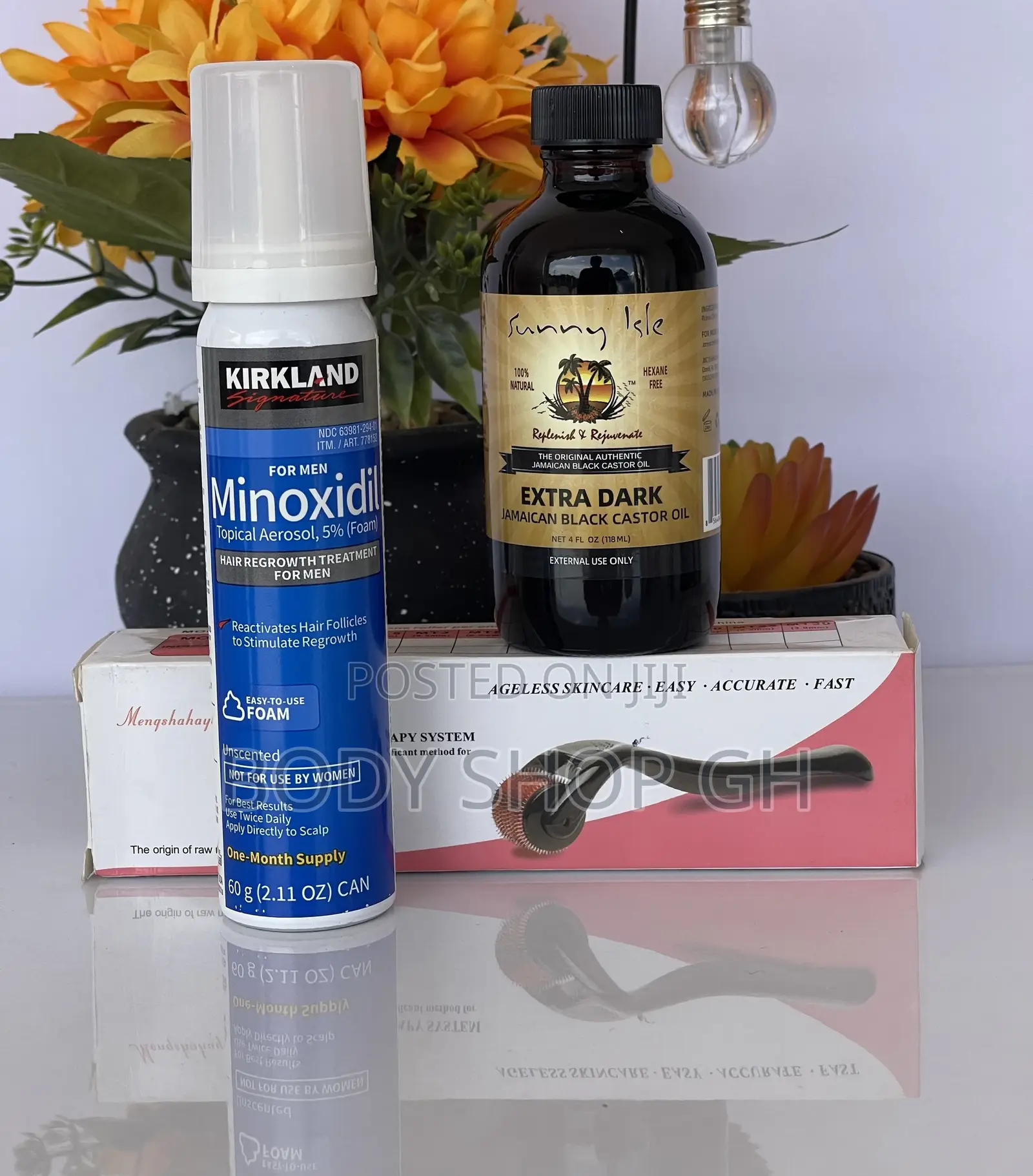 Kirkland Minoxidil Foam + Castor Oil + Derma Roller Combo