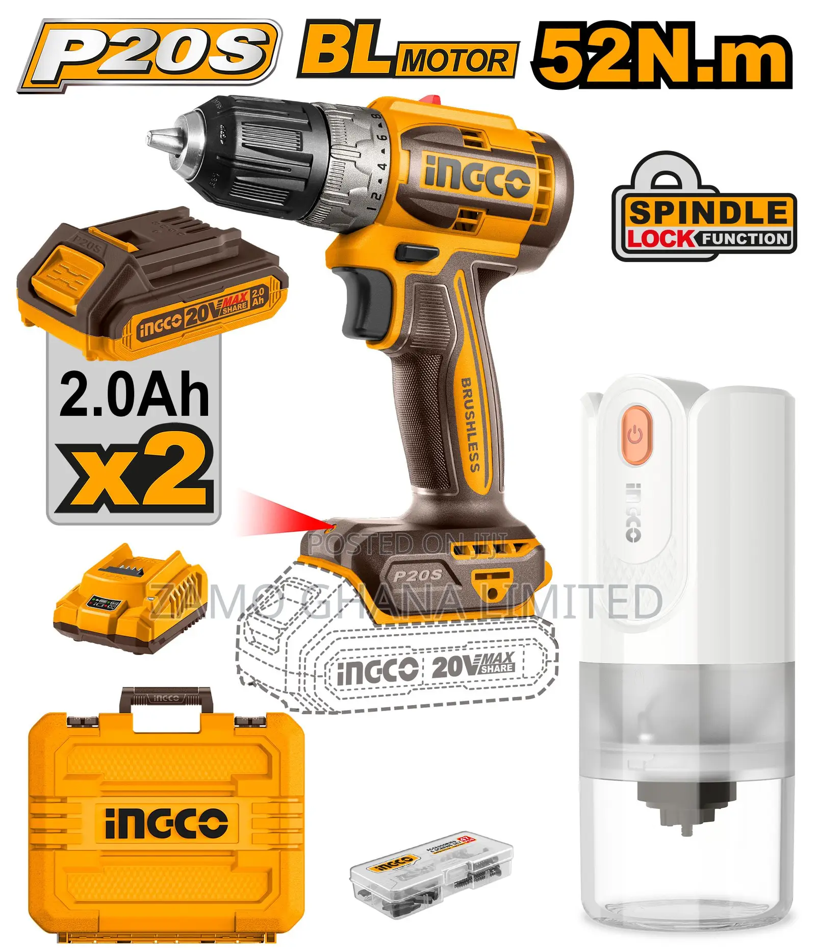 Ingco Cordless Drill 20v+ 2 Battery + Gift # Cosli240315