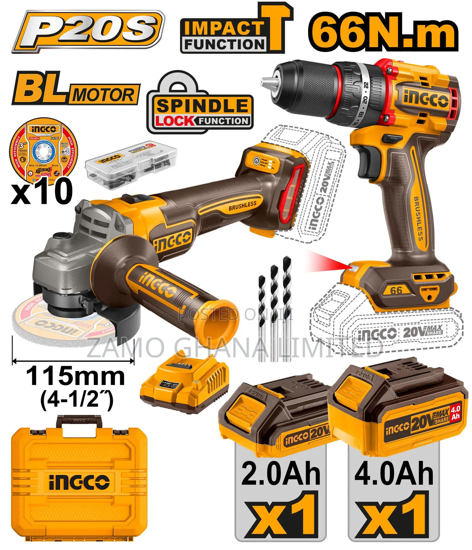 Combo Cordless Impact Drill + Angle Grinder 20v # Ckli20273