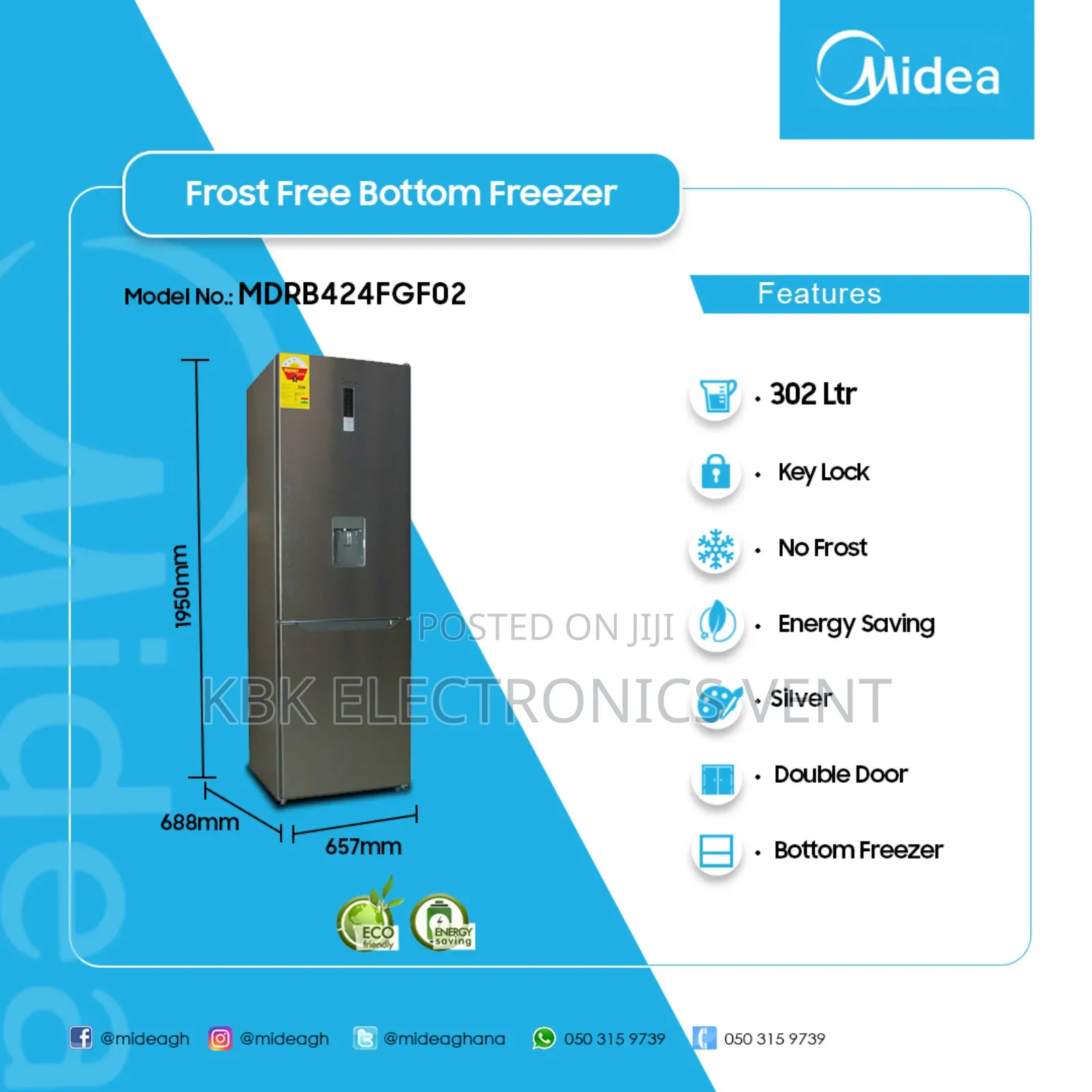 Midea 310ltr Double Door Refrigerator Water Dispenser