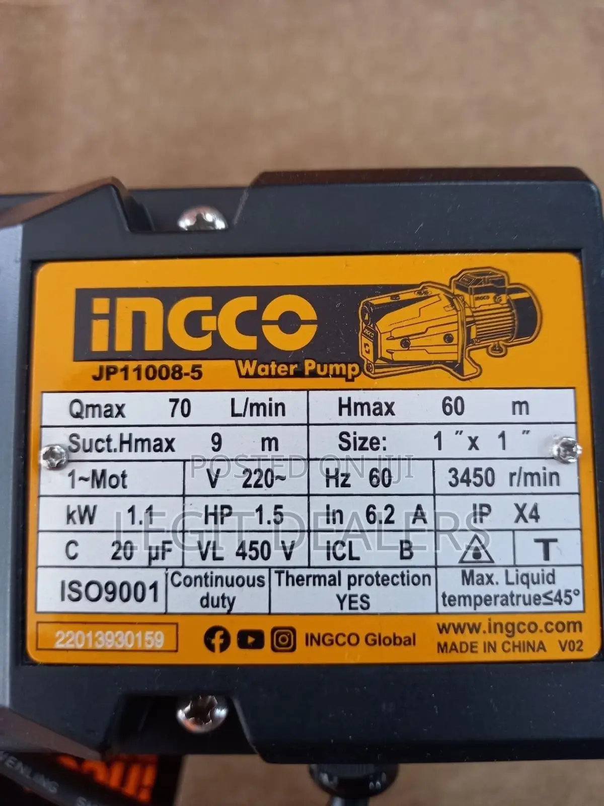 Ingco Water Pump 1.5ph,1h 0.5hp With Booster
