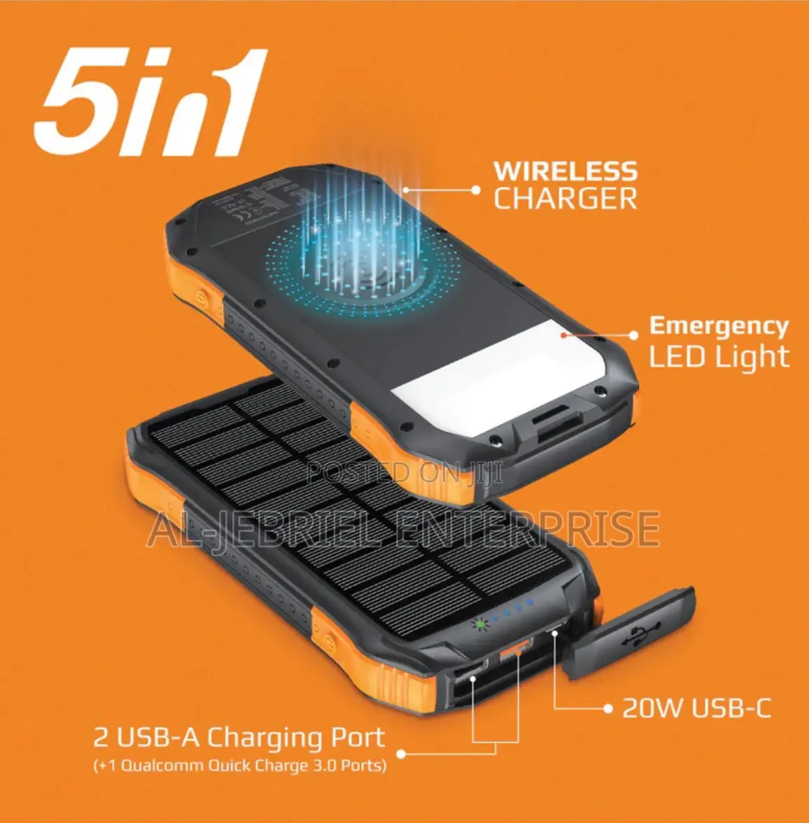 Promate 5 in 1 Wireless Solar Powerbank With LED Light